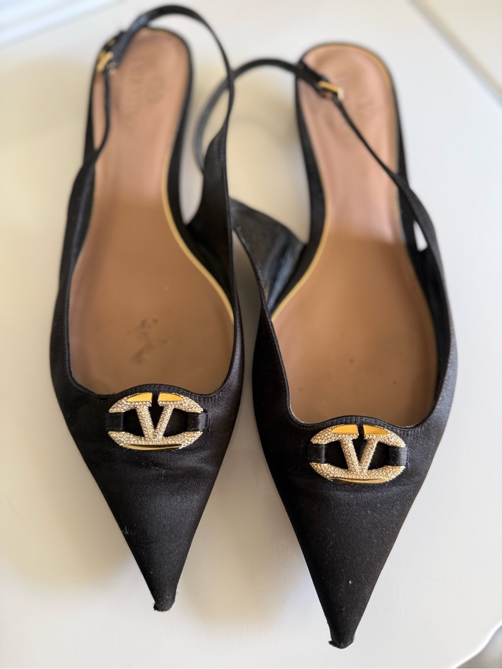 Valentino Black Pointed Slingback Flats with Gold Logo